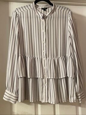 Ann Taylor White Blouse with Black Pinstripes and Ruffle Tier